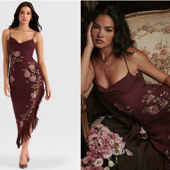HOUSE OF CB 'Eloisa' Wine Embroidered Midi Dress NWOT - Picture 4 of 9